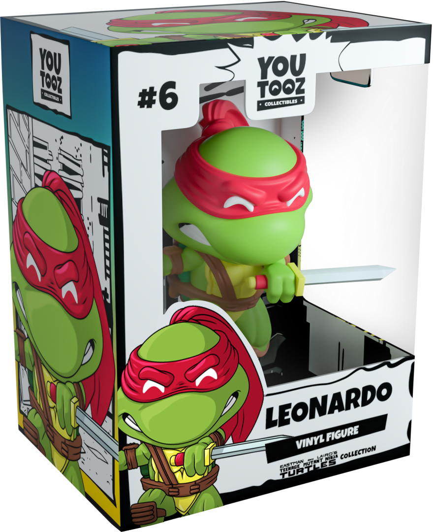 Alt text: "Youtooz Leonardo Classic Vinyl figurine, 4.1 inches tall, features Leonardo in a red mask with dual katanas, ready for action."