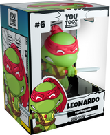 Alt text: "Youtooz Leonardo Classic Vinyl figurine, 4.1 inches tall, features Leonardo in a red mask with dual katanas, ready for action."