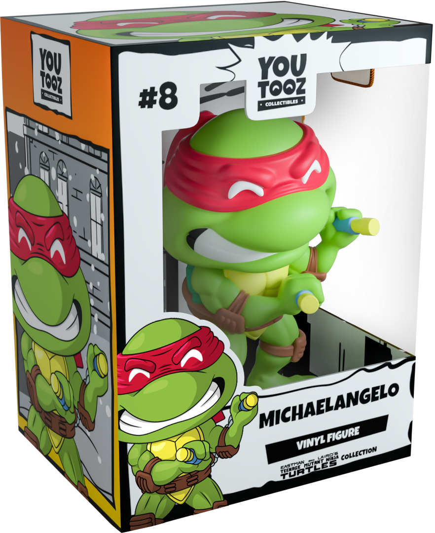 Youtooz Michelangelo Vinyl collectible figurine, 4.3 inches tall, vibrant red mask, posed with nunchucks, essential for TMNT fans.