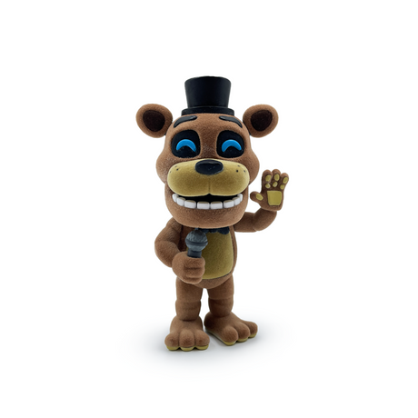 Collectible Youtooz Freddy Flocked Vinyl figurine, 5" tall, with soft fur, black bowtie, tophat, blue eyes, and microphone.