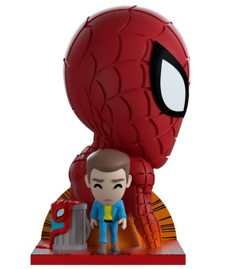 Youtooz Amazing Spider-Man #50 vinyl figure, 5" tall, featuring Spider-Man with orange background and Peter Parker walking away.