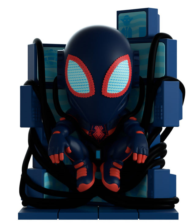 Youtooz Miles Morales #13 vinyl figurine, 5", depicts him on a throne of CRT TVs, with vibrant colors and intricate details.