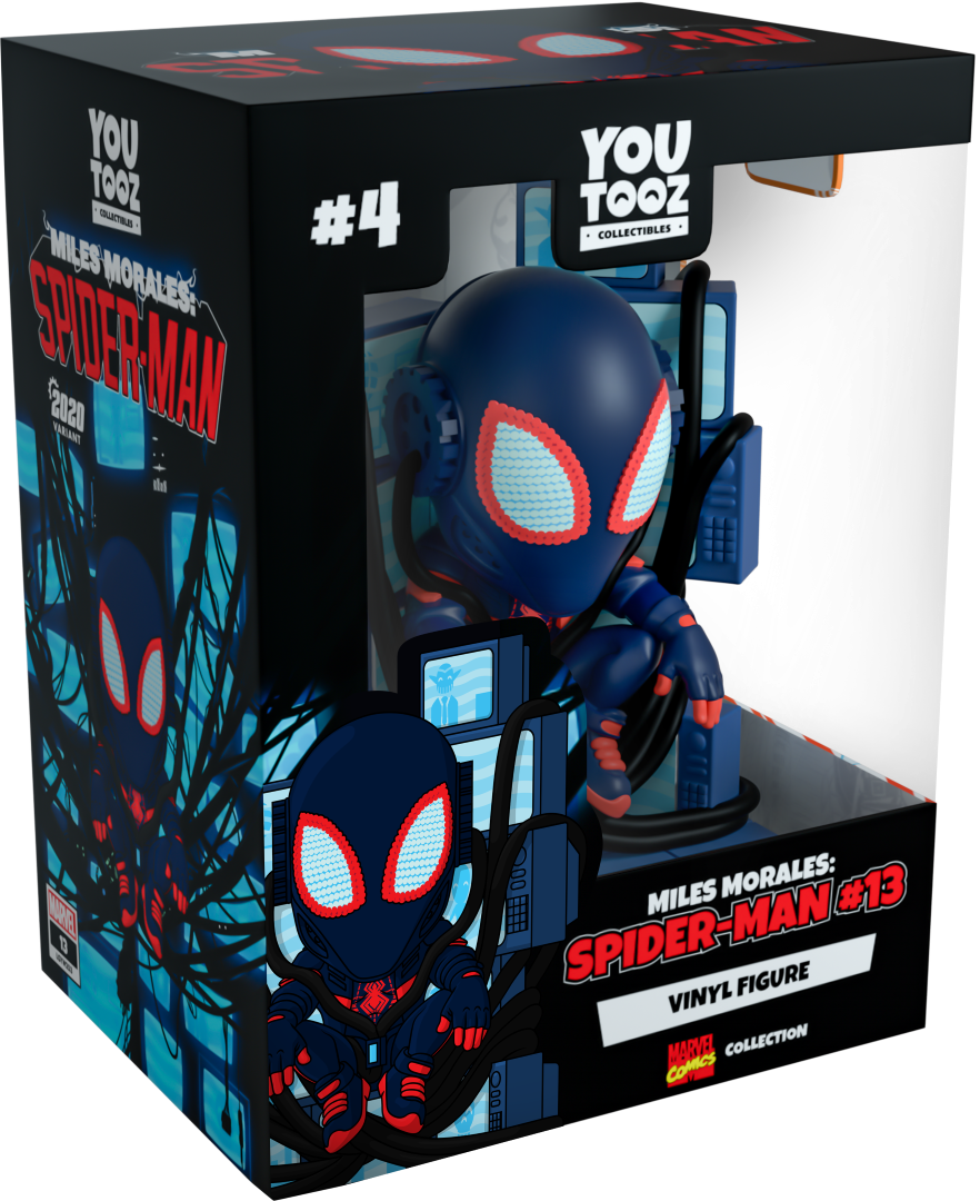 Youtooz Miles Morales #13 vinyl figure, 5", features him on a CRT throne, showcasing vibrant colors and intricate details.