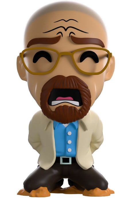 Collectible Youtooz OzyMandias Walt figurine, 5", features Walt kneeling with cuffed hands, detailed in iconic attire and glasses.