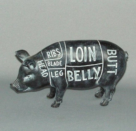 Ornament figurine of pig meat cuts, measuring 21 x 11 cm, showcases distinct meat section details.