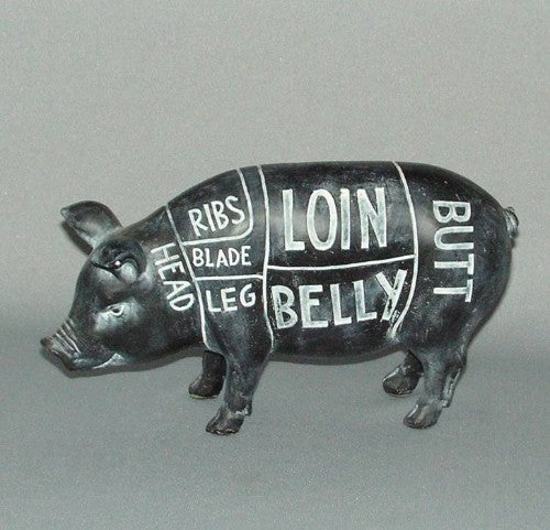 Ornament figurine of pig meat cuts, measuring 21 x 11 cm, showcases distinct meat section details.