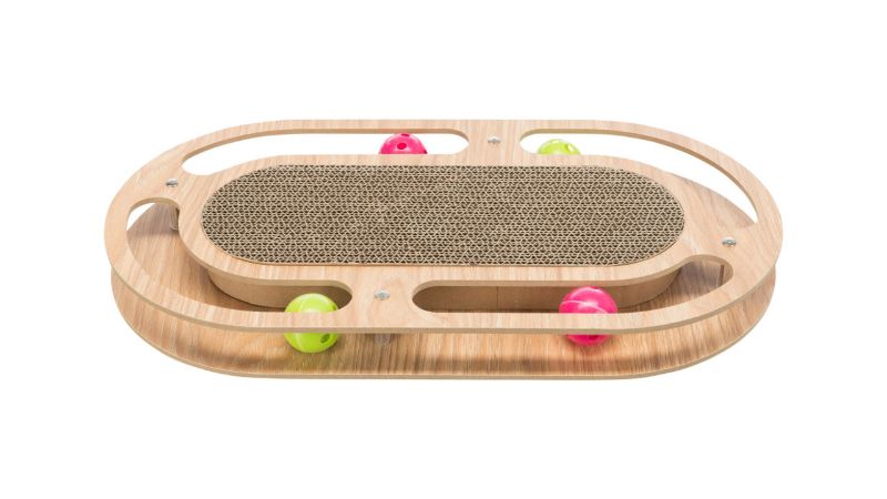 Wooden oval cat scratcher with ball track, includes 4 toy balls, measures 46x4x25 cm, made of MDF.