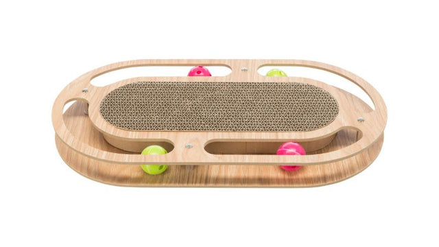 Wooden oval cat scratcher with ball track, includes 4 toy balls, measures 46x4x25 cm, made of MDF.