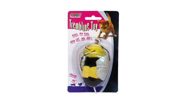 Soft, cuddly plush bumble bee cat toy with trembling action to engage and entertain feline friends.