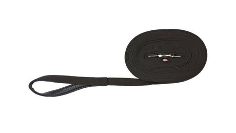 Black 10m dog tracking leash with padded hand loop, made of cotton for comfort and durability.