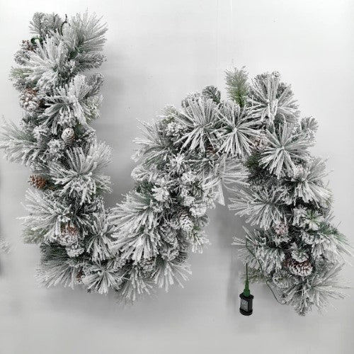 Snowy Mixed Pine Garland with Pinecone & 100 LED Lights & 150 Tips - 6'