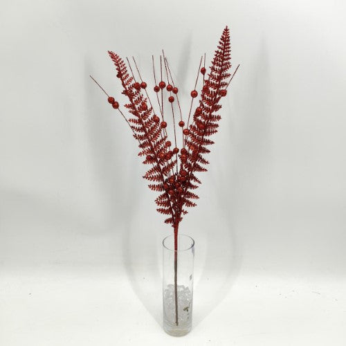 Artificial Glitter Fern Spray (Red)