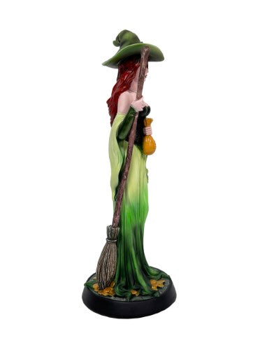 Ornament - Green Witch With Broom and Bag of Money (8 x 8 x 21cm)