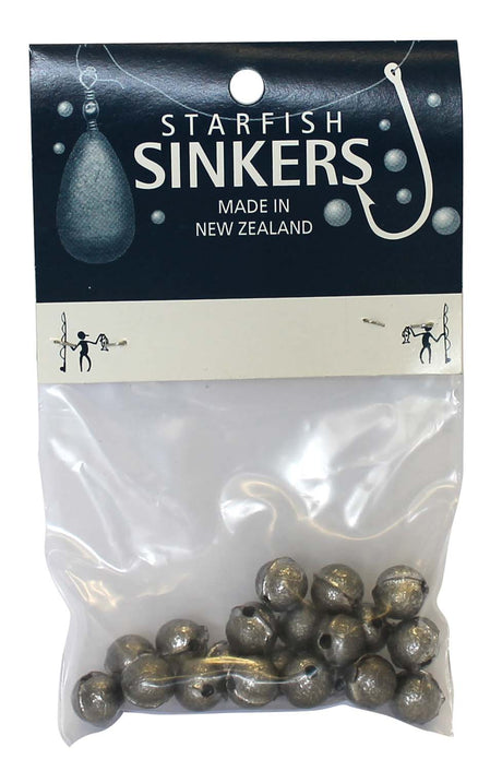 Starfish Ball Sinker Packet contains 20 durable 1/8oz sinkers for enhanced bait movement in fresh or saltwater fishing.