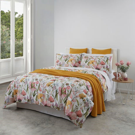 Colorful spring flower duvet cover set in pink, yellow, and green on white, 100% cotton sateen, king size by BAKSANA.