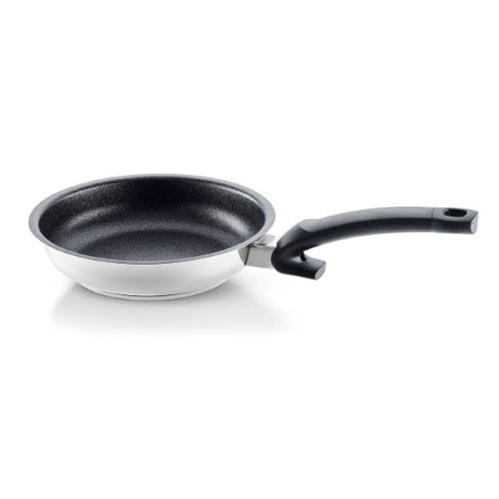 Premium 20cm Fissler frypan with polished stainless steel, nonstick coating, perfect for crispy dishes and versatile stove use.