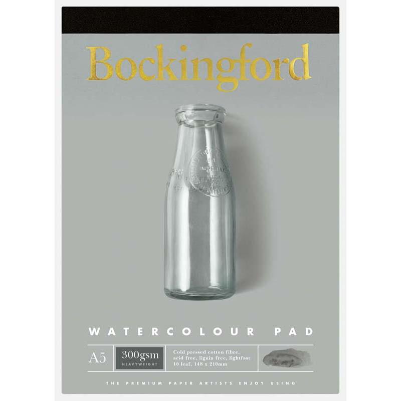 Bockingford A5 watercolour pad with 10 sheets of 300gsm cotton paper, cold-pressed for vibrant colors and durability.