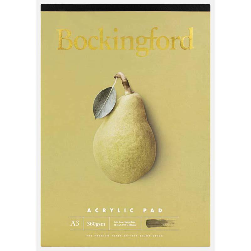 Bockingford A3 acrylic pad with 12 leaves of 360gsm natural white rough paper, ideal for vibrant paintings and mixed media.