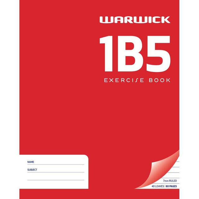 Red Warwick 1B5 exercise book with 40 ruled leaves, measuring 255x205mm, ideal for school and work use.