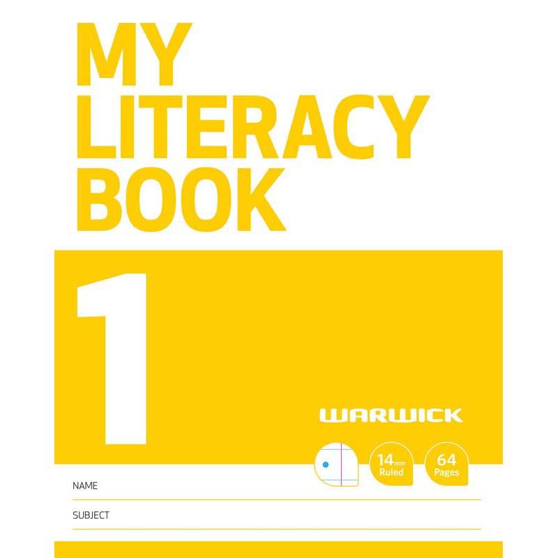 Bright yellow literacy exercise book with 14mm ruled lines, blank space for creativity, and educational tools for young learners.