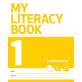 Bright yellow literacy exercise book with 14mm ruled lines, blank space for creativity, and educational tools for young learners.