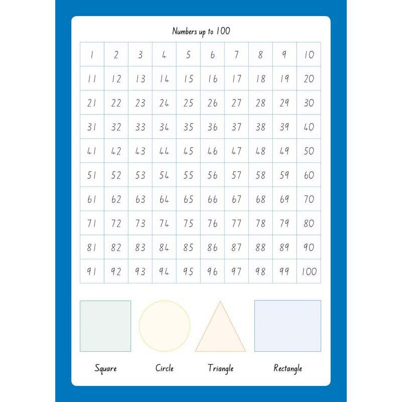 A blue A4 plus math workbook with 64 pages, 10mm quad ruling, durable cover, and helpful reference material for students.