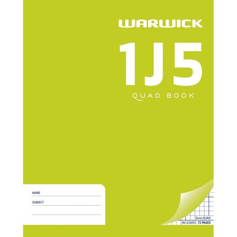 Warwick Exercise Book 1J5, 36 leaves, quad 5mm grid, 255x205mm, ideal for math and statistics note-taking.