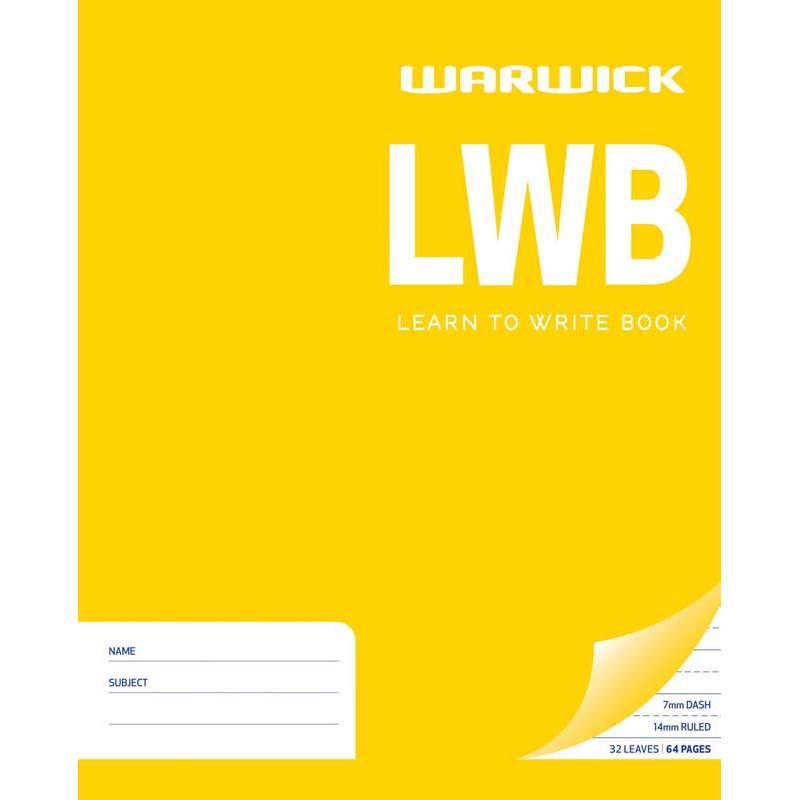 Warwick Learn To Write LWB exercise book with 32 dashed ruled pages for developing handwriting skills in young learners.