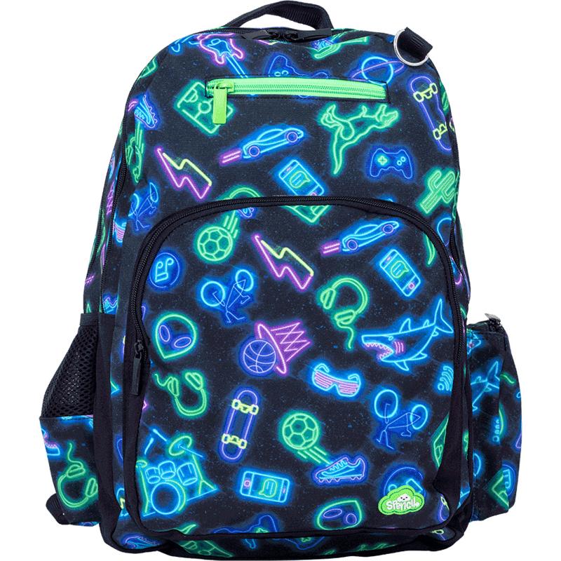 Vibrant Spencil Neon Life Backpack for kids, featuring compartments for water bottles, laptops, and secure pockets for essentials.