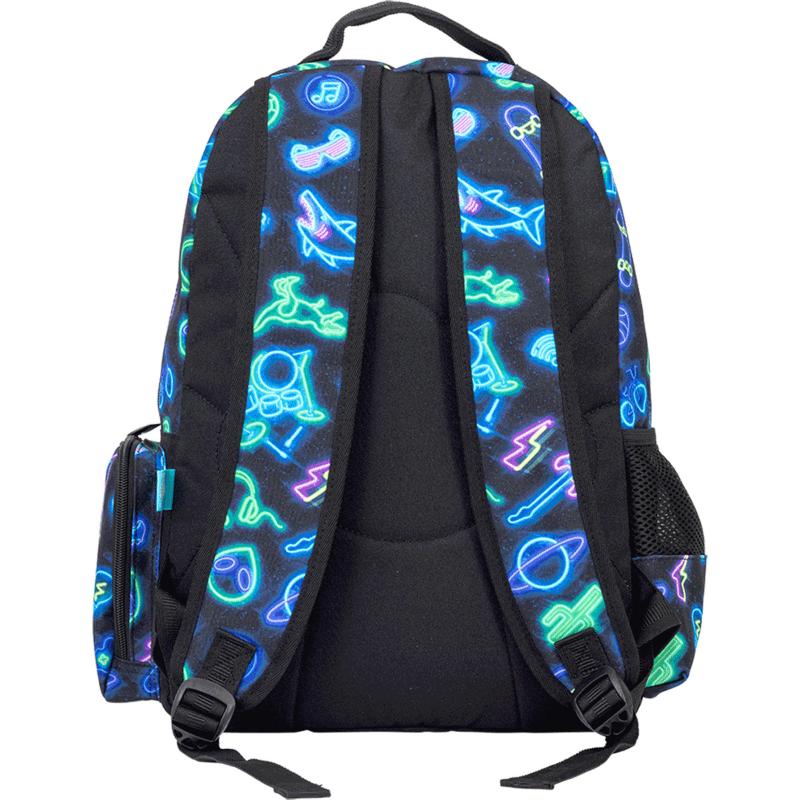 Bright neon backpack for kids, featuring spacious compartments, water bottle pocket, and padded laptop sleeve.