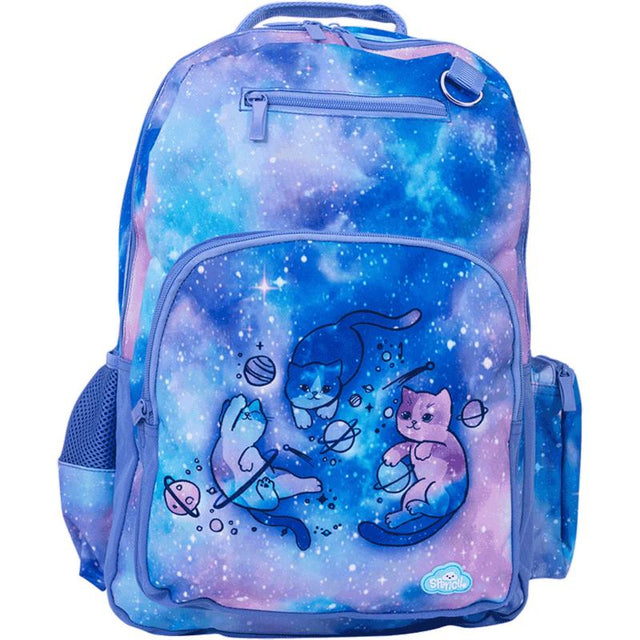 Spencil Cat-a-cosmic Backpack in vibrant design, featuring compartments for a water bottle, phone, and padded laptop pocket.