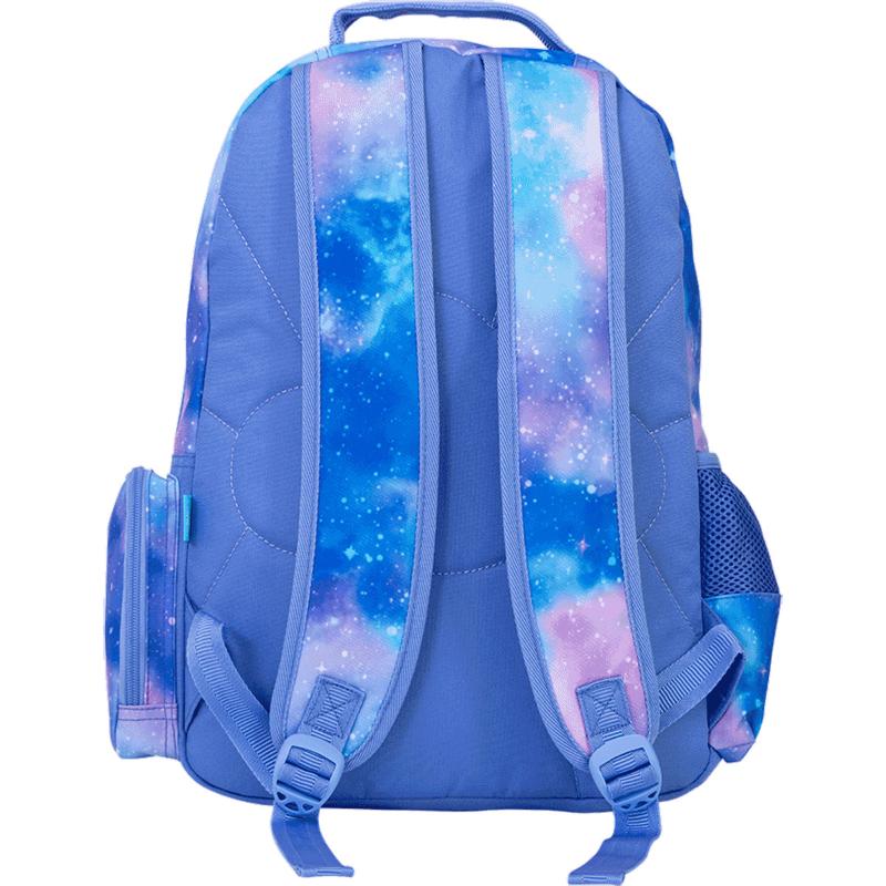 Spencil Cat-a-cosmic Backpack in vibrant design, features water bottle pocket, side zip pocket, and padded compartment for devices.