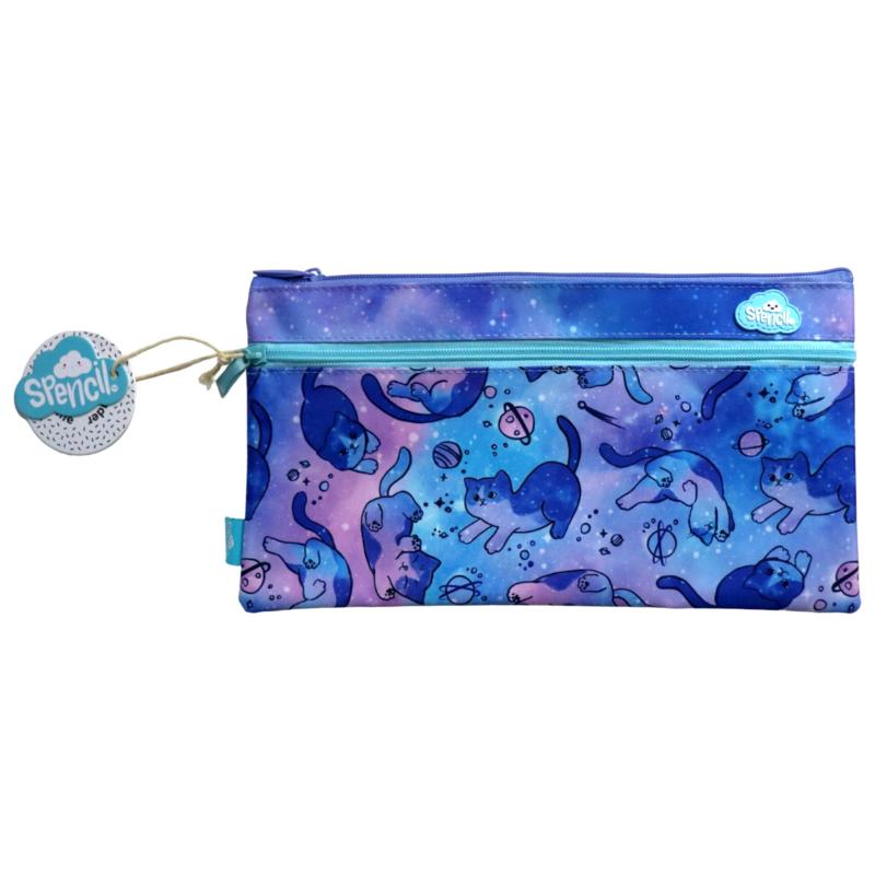 Vibrant Spencil Cat-a-cosmic Pencil Case for kids, featuring two compartments and a durable metal zip, 340 x 170mm size.