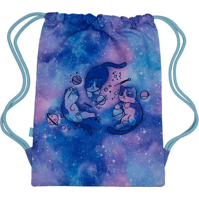 Vibrant cat-themed drawstring sports bag for kids, ideal for school, sports, and adventures, with durable, water-resistant lining.