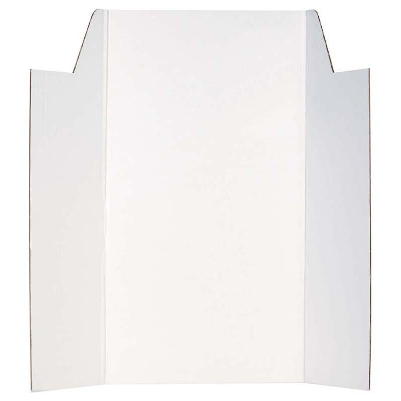 Hinged white presentation board, 1020mm x 875mm, eco-friendly cardboard with a header card for professional displays.