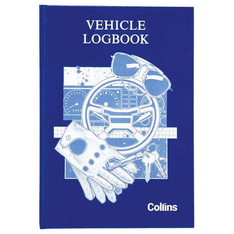 Collins Vehicle Log Book with hard cover, 44 leaves for tracking maintenance, fuel, and mileage, 215x150mm size.