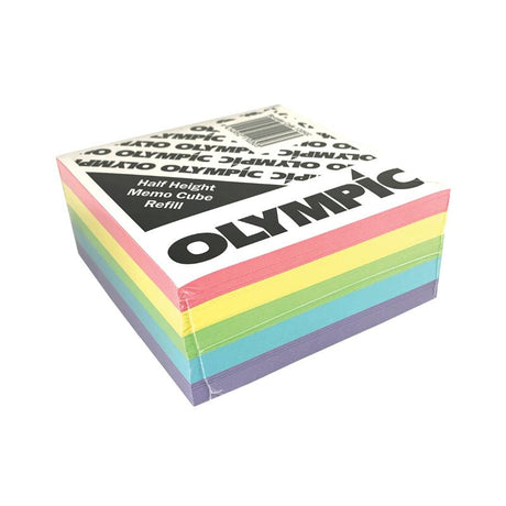 Olympic Memo Cube Half Height Refill in assorted colors, 97x97mm, perfect for quick note-taking at home or office.