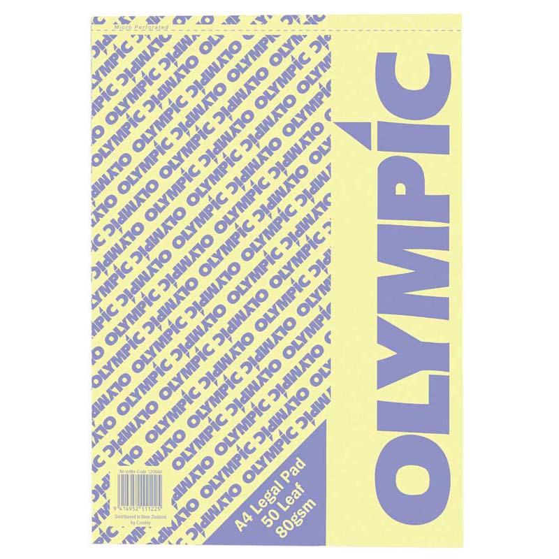 Olympic A4 Yellow Legal Pad with 50 leaves, 80gsm paper, 7mm ruling—perfect for organized note-taking and documentation.