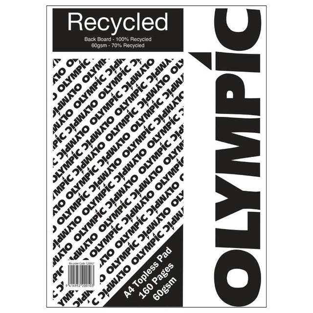 Olympic Topless A4 Pad, 160 recycled pages, 60gsm, ideal for seamless writing and eco-friendly note-taking.