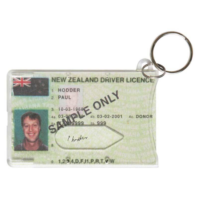 Clear key ring license holder for NZ Drivers License, fits standard 85mm x 53mm cards, ideal for easy storage and access.