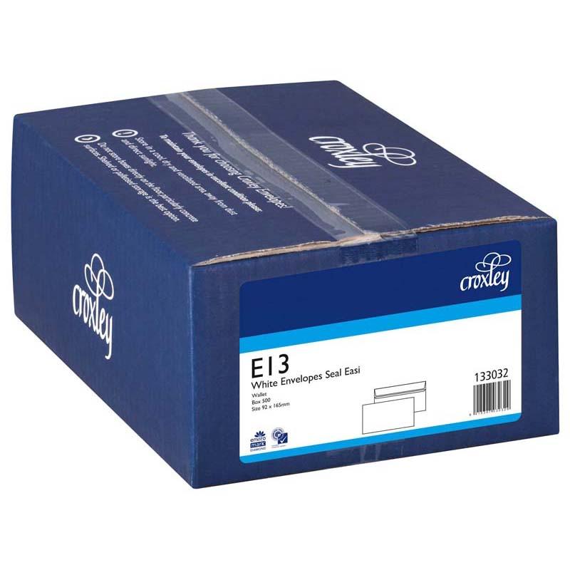 Croxley E13 Seal Easi Box 500 features durable white envelopes, 165mm x 92mm, perfect for secure mailing of documents.