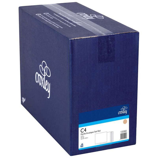 Croxley C4 manilla envelopes in a box of 250, designed for secure mailing of A4 documents with convenient pocket flap.