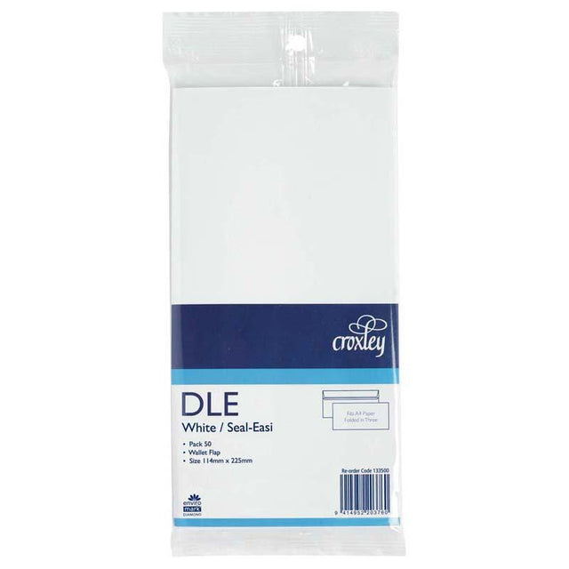 Croxley DLE Seal Easi envelopes in a 50 pack, featuring secure opaque interiors and easy-to-use sealing flaps.