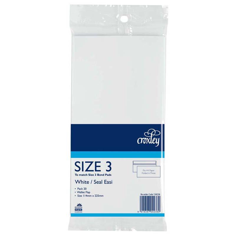 Croxley Size 3 Easi Bond envelopes, 20 pack, 114x225mm, white, 80 GSM, easy seal for secure mailing.