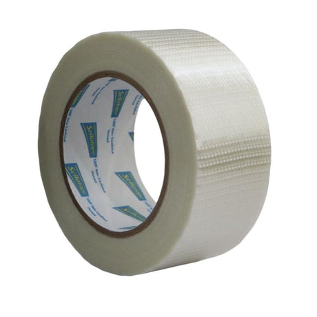 Sellotape 1307 filament tape, 50mm wide and 50m long, ideal for heavy-duty packaging and securing large items.