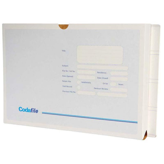 Codafile Pocket Wallet 35mm Box 20, white cardboard organizer for loose papers, ideal for students and professionals.