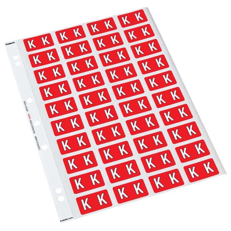 Vibrant red Codafile Label Alpha K, 25mm x 42mm, pack of 5 sheets for efficient file organization and easy categorization.