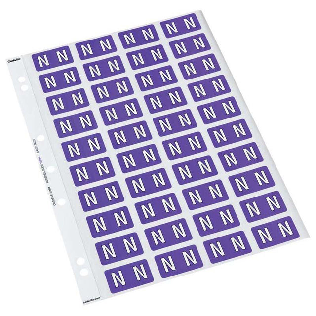 Purple Codafile Label Alpha N 25mm pack of 5 sheets for organized file management and easy document identification.