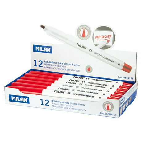 Milan red whiteboard marker with fine 3.7mm bullet tip for clear, vibrant writing and easy erasure on whiteboards.