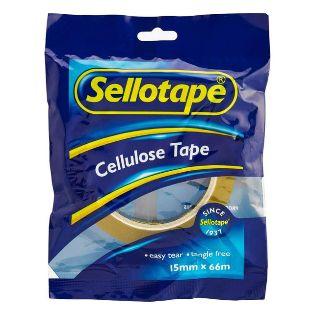 Sellotape 1105 Cellulose Tape roll, 15mm x 66m, easy tear, tangle-free, biodegradable - ideal for home, school, and office use.